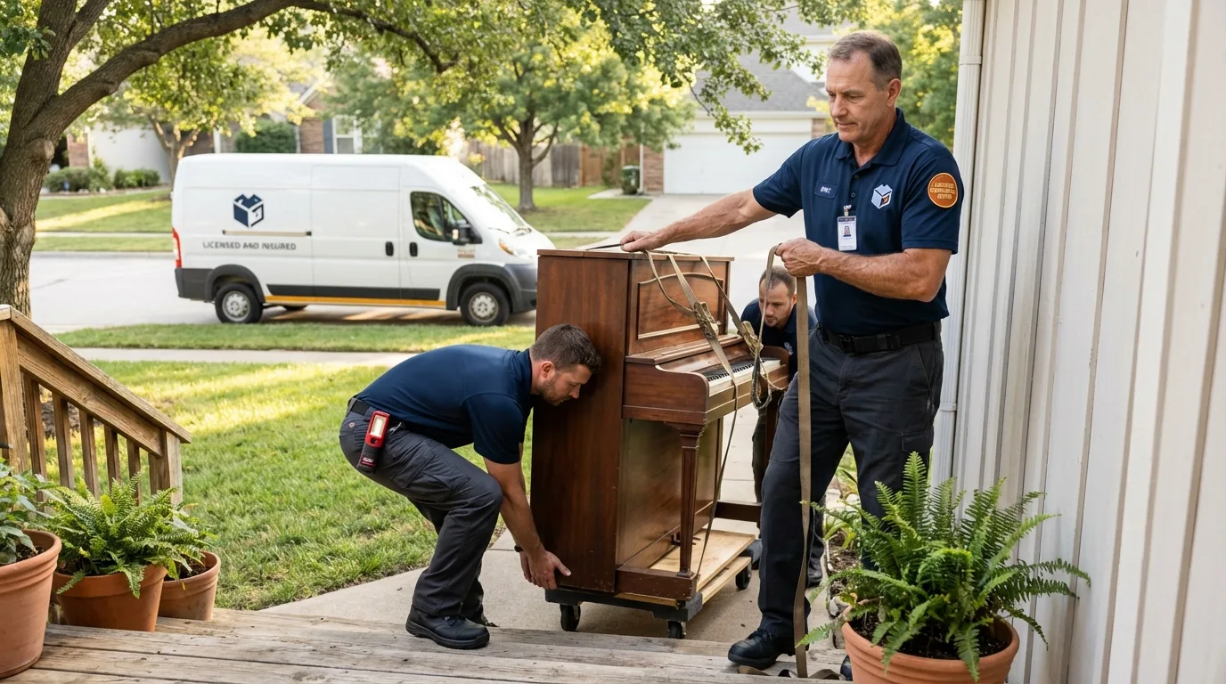 Licensed piano movers securing grand piano in Yabucoa, PR